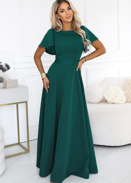 Bottle Green Flared Maxi Dress with Short Sleeves – Mirella