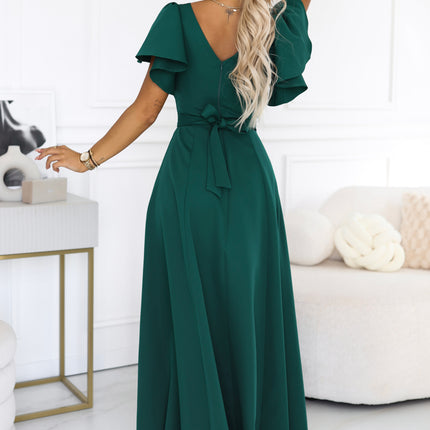 Bottle Green Flared Maxi Dress with Short Sleeves – Mirella