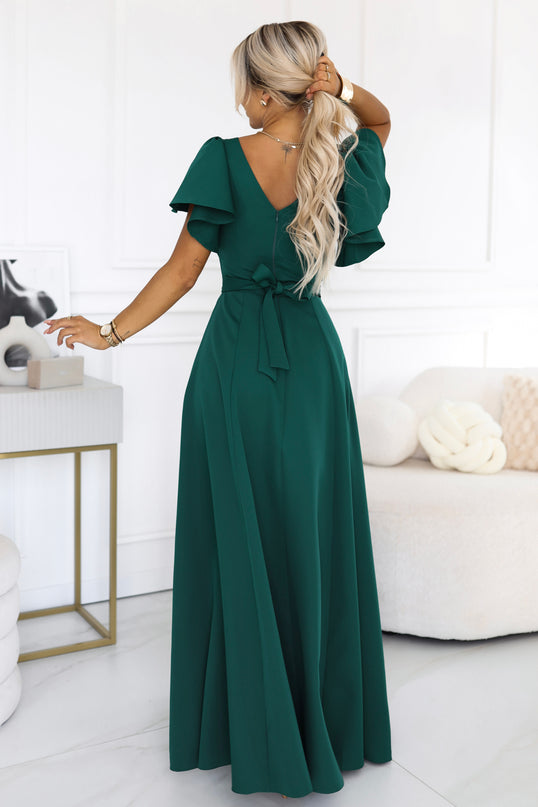 Bottle Green Flared Maxi Dress with Short Sleeves – Mirella