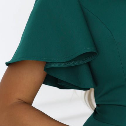 Bottle Green Flared Maxi Dress with Short Sleeves – Mirella