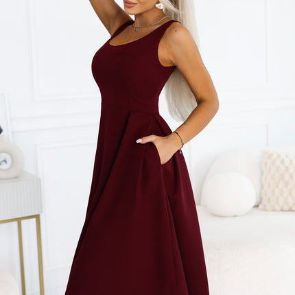 Burgundy Flared Midi Dress with Wide Straps – ALVA