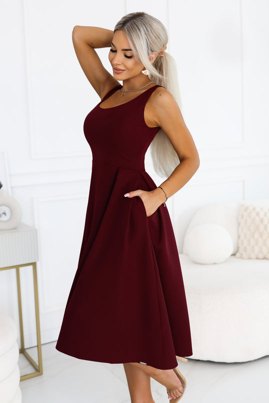 Burgundy Flared Midi Dress with Wide Straps – ALVA
