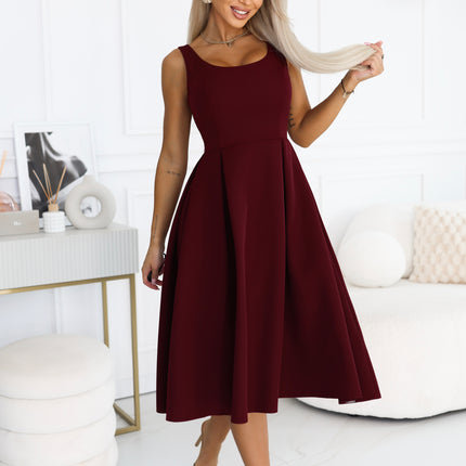 Burgundy Flared Midi Dress with Wide Straps – ALVA