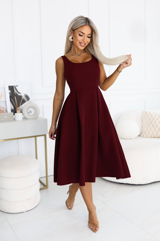 Burgundy Flared Midi Dress with Wide Straps – ALVA