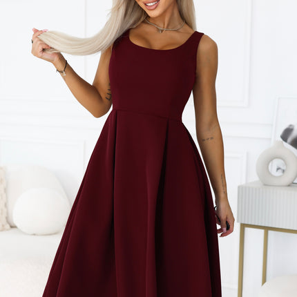 Burgundy Flared Midi Dress with Wide Straps – ALVA
