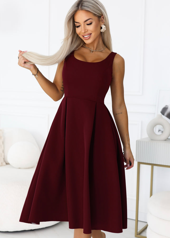 Burgundy Flared Midi Dress with Wide Straps – ALVA