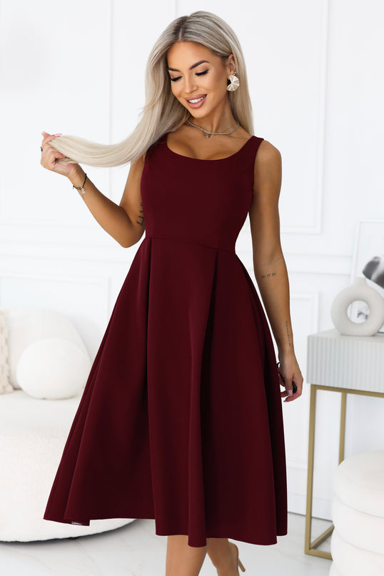Burgundy Flared Midi Dress with Wide Straps – ALVA