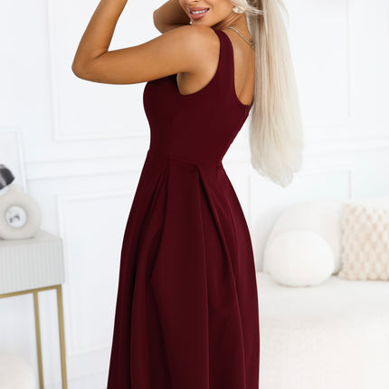 Burgundy Flared Midi Dress with Wide Straps – ALVA