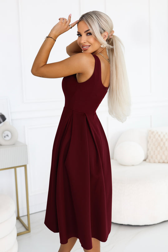 Burgundy Flared Midi Dress with Wide Straps – ALVA