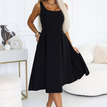 Black Flared Midi Dress with Wide Straps – Alva
