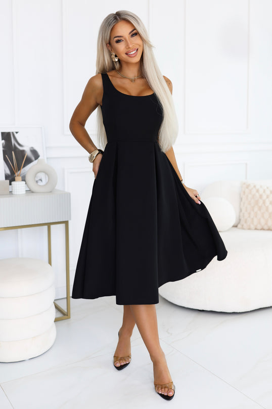 Black Flared Midi Dress with Wide Straps – Alva