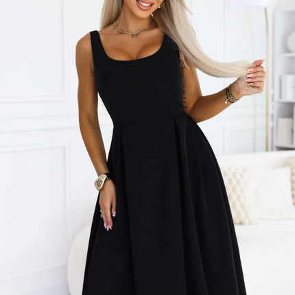 Black Flared Midi Dress with Wide Straps – Alva