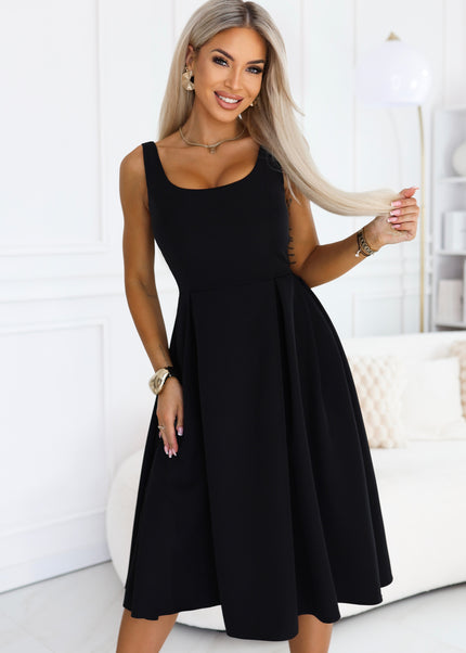 Black Flared Midi Dress with Wide Straps – Alva