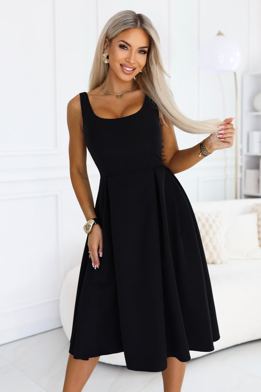 Black Flared Midi Dress with Wide Straps – Alva