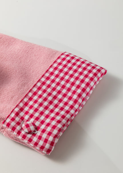 Light Pink Plaid Heart Embroidered Cuffed Drop Shoulder Crew Neck Sweater