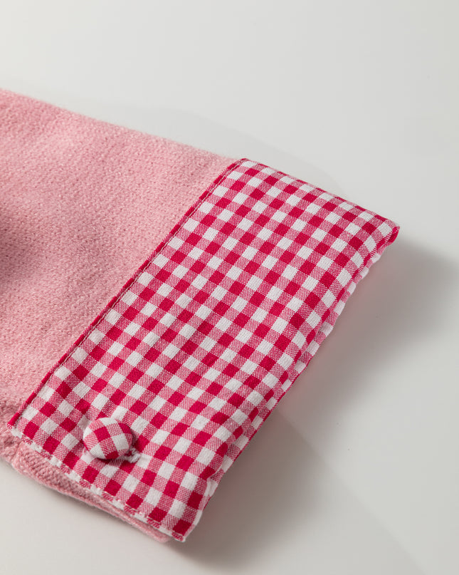 Light Pink Plaid Heart Embroidered Cuffed Drop Shoulder Crew Neck Sweater