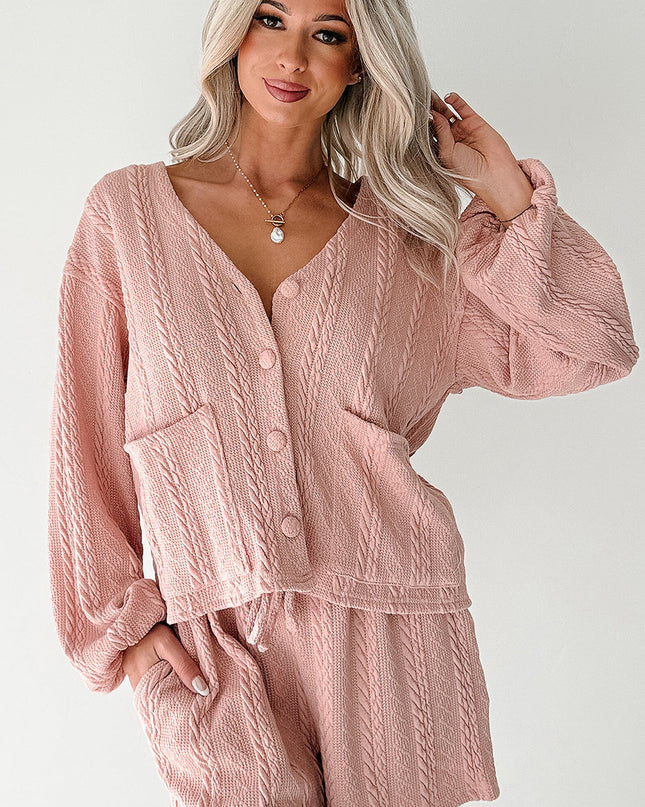 Gossamer Pink Cable Knit V Neck Cardigan Shorts Set