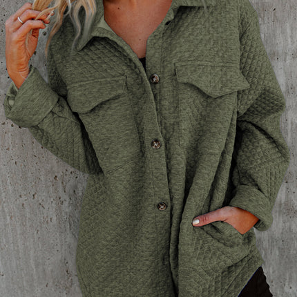 Black Retro Quilted Flap Pocket Button Shacket