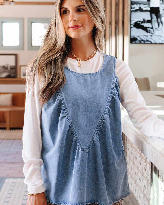 Myosotis Denim Pleated Patchwork Sleeveless Top