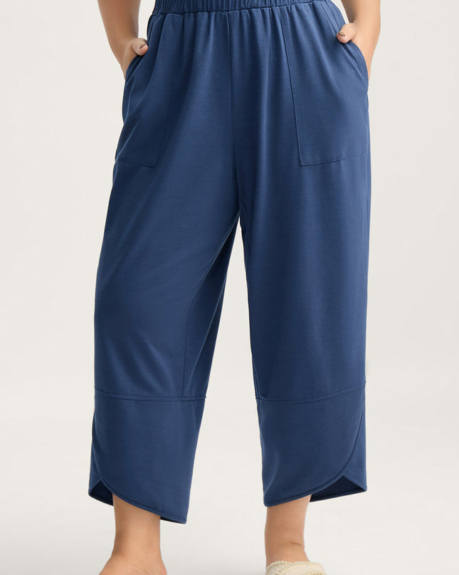 Sail Blue Plus Size Elastic Waist Asymmetrical Hem Loose Capris Pants