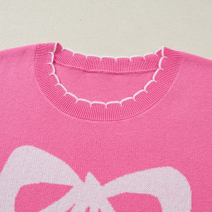 Sachet Pink Big Ribbon Bow Print Contrast Stitch Trim Drop Shoulder Sweater