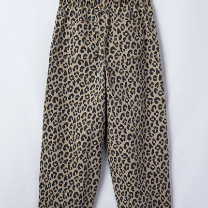 Khaki Leopard Print Drawstring Elastic Waist Loose Denim Pants with Pockets