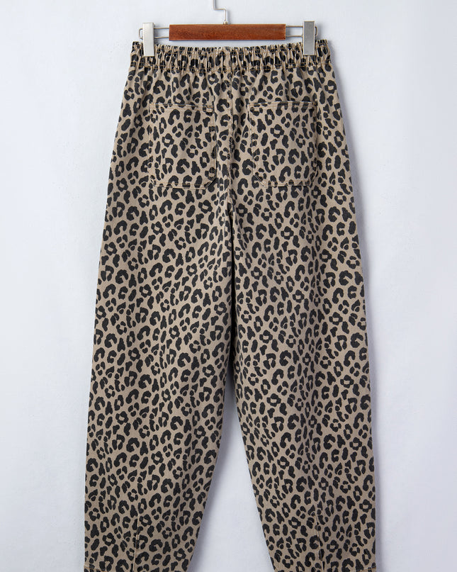 Khaki Leopard Print Drawstring Elastic Waist Loose Denim Pants with Pockets