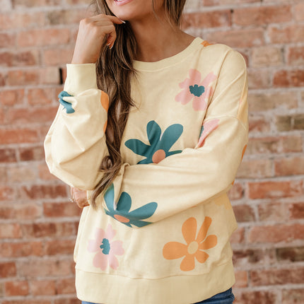 Khaki Washed French Terry Flower Print Sweatshirt