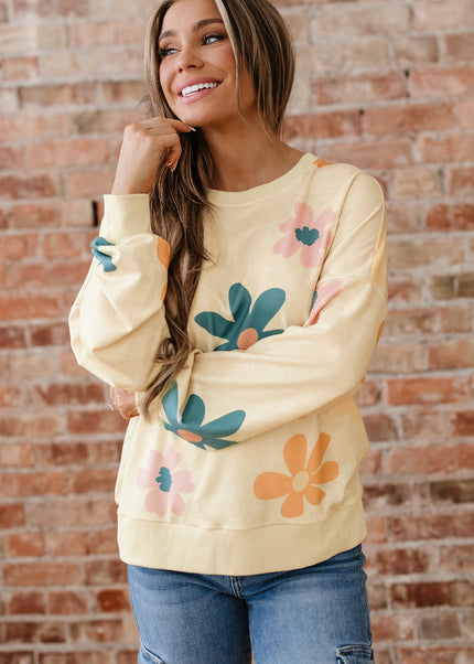 Khaki Washed French Terry Flower Print Sweatshirt