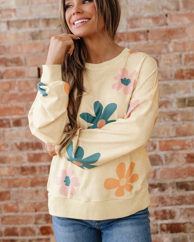 Khaki Washed French Terry Flower Print Sweatshirt
