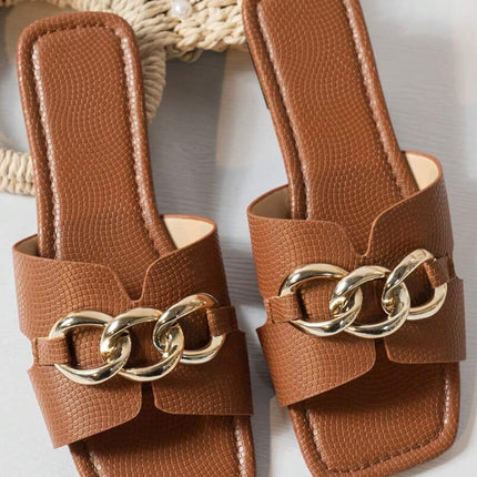 Metal Chain Decor Leather Slippers