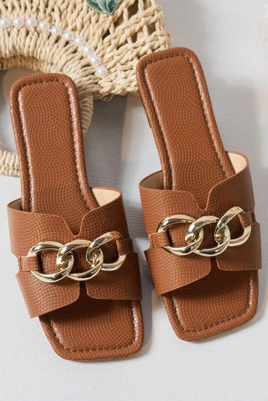 Metal Chain Decor Leather Slippers