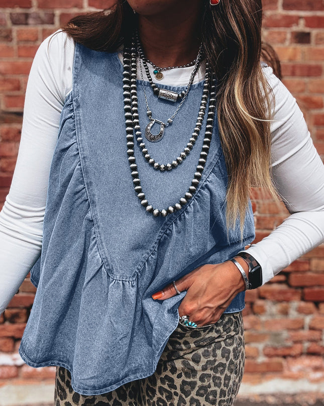 Myosotis Denim Pleated Patchwork Sleeveless Top