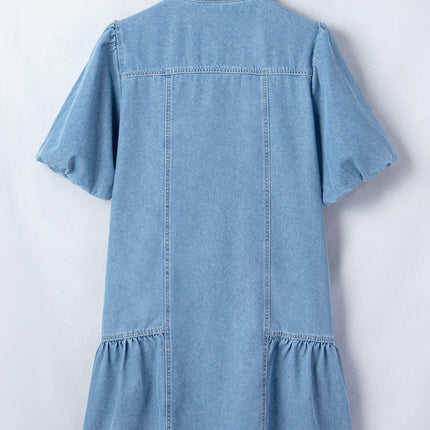 Beau Blue Button Down Short Puff Sleeve Ruffle Hem Patchwork Denim Dress