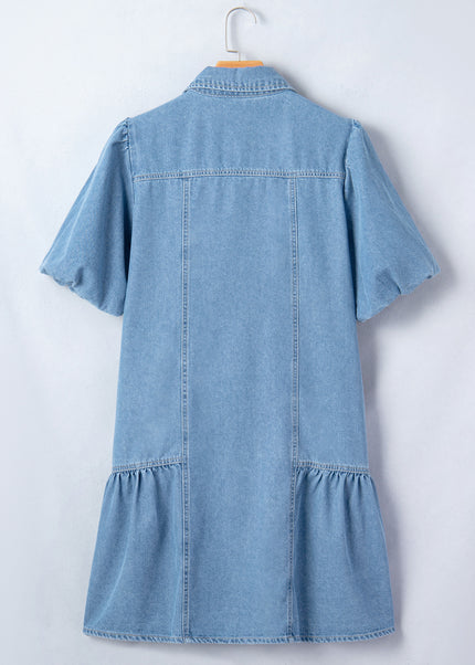 Beau Blue Button Down Short Puff Sleeve Ruffle Hem Patchwork Denim Dress