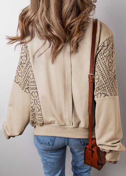 Parchment Knit Crochet Exposed Seam Ribbed Trim Sweatshirt