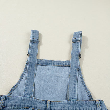 Dusk Blue Pleated Wide Leg Retro Pocketed Denim Jumpsuit