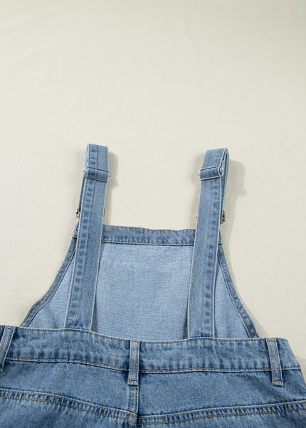 Dusk Blue Pleated Wide Leg Retro Pocketed Denim Jumpsuit