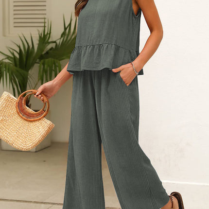 Beau Blue Solid Color Ribbed Ruffle Tank Top and Pants Set
