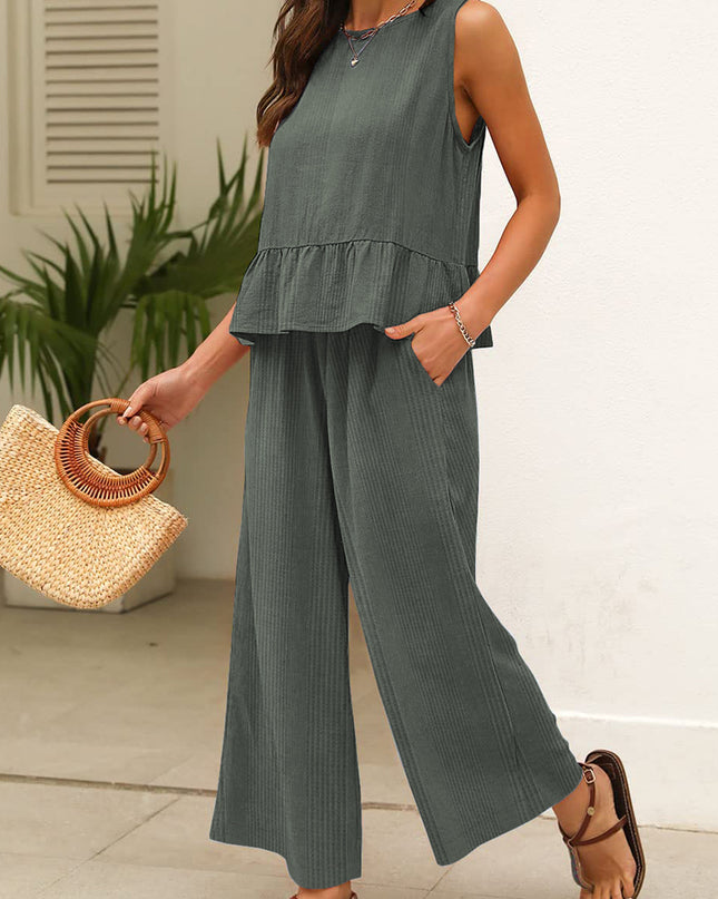 Beau Blue Solid Color Ribbed Ruffle Tank Top and Pants Set