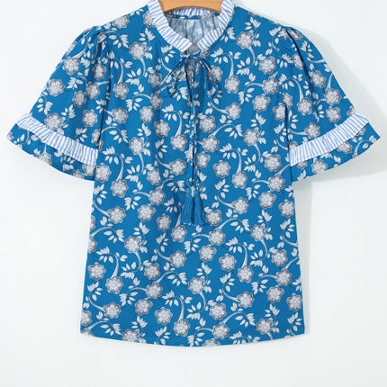 Blue Floral Print Button Tie Neck Striped Detail Short Sleeve Blouse