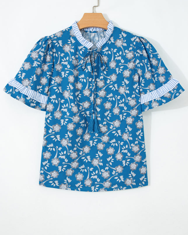 Blue Floral Print Button Tie Neck Striped Detail Short Sleeve Blouse