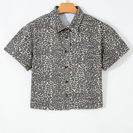 Gray Vintage Leopard Print Short Sleeve Loose Cotton Denim Shirt