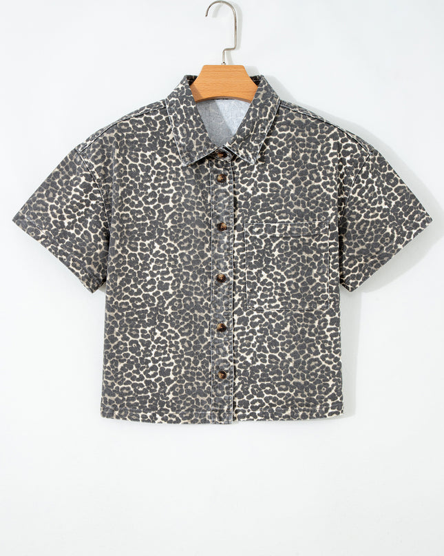 Gray Vintage Leopard Print Short Sleeve Loose Cotton Denim Shirt