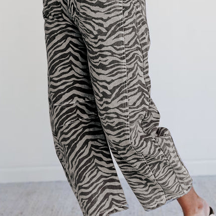 Gray Zebra Stripe Printed Wide Leg Jeans