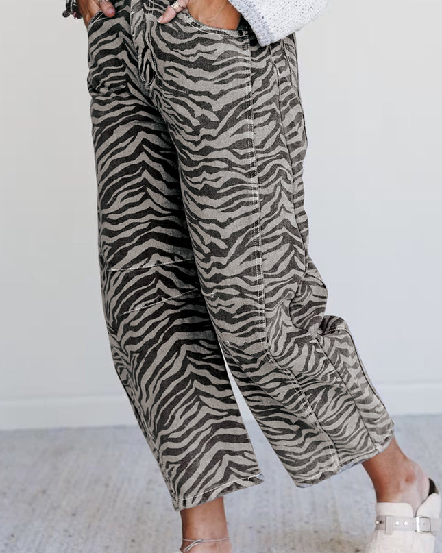 Gray Zebra Stripe Printed Wide Leg Jeans