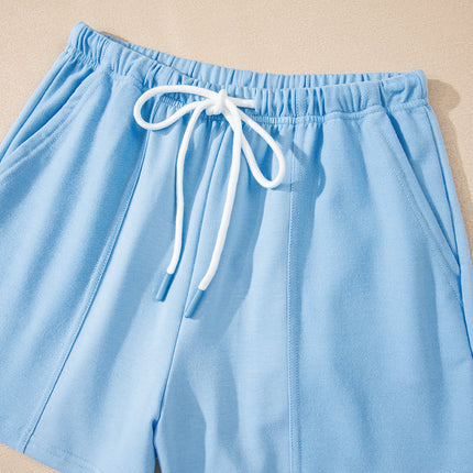Mint Green V Neck Drop Shoulder Tee and Patchwork Drawstring Shorts Set