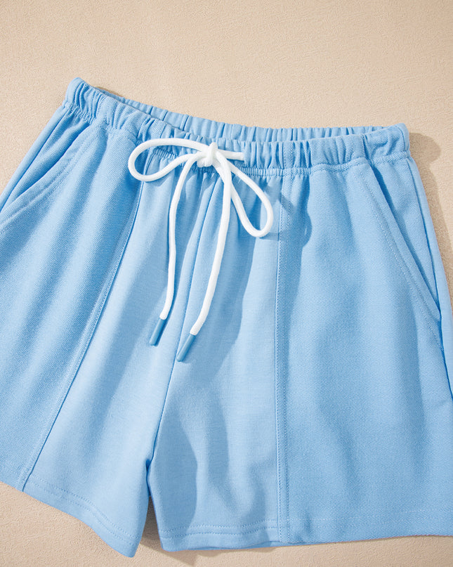 Mint Green V Neck Drop Shoulder Tee and Patchwork Drawstring Shorts Set