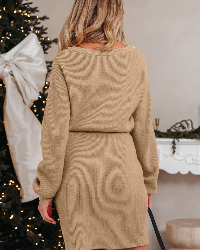 Smoke Gray Pearl Embellished Keyhole Ribbed Sweater Dress