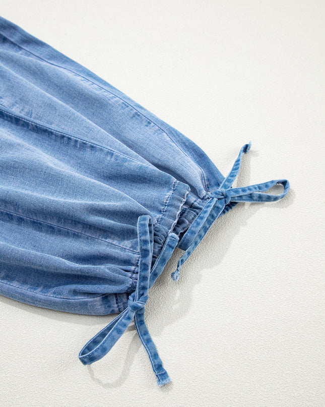 Beau Blue Drawstring Elastic Waist Pocketed Loose Denim Pants